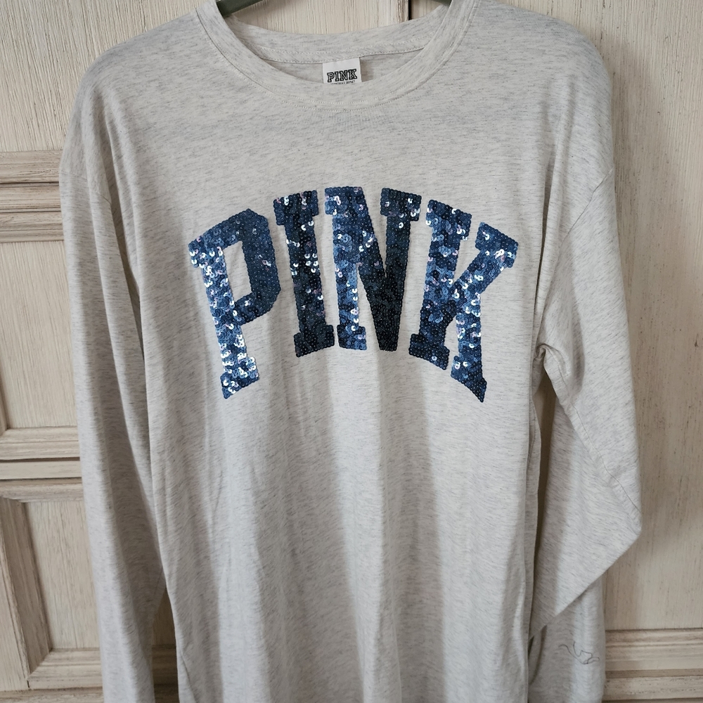 NWT PINK long sleeve tee with sequin lettering